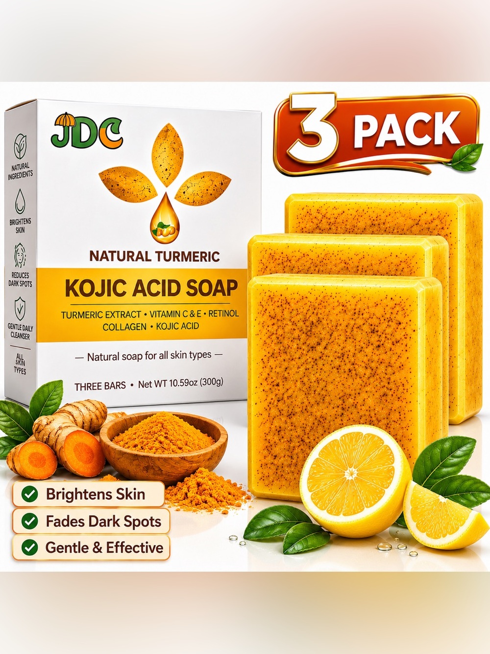 3 Bars Natural Turmeric & Kojic Acid Soap | Brightening | Vitamin C + E Vegan